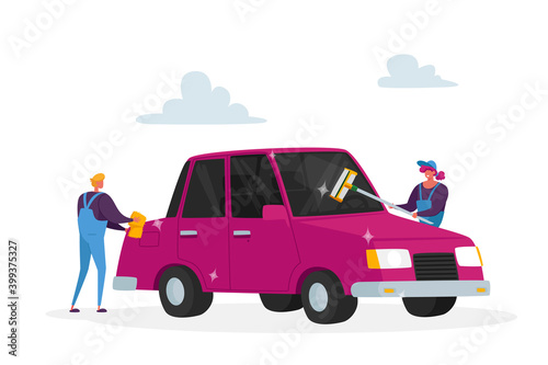 Cleaning Company Employees Characters Work Process. Car Wash Service Concept. Couple of Workers Lathering Automobile