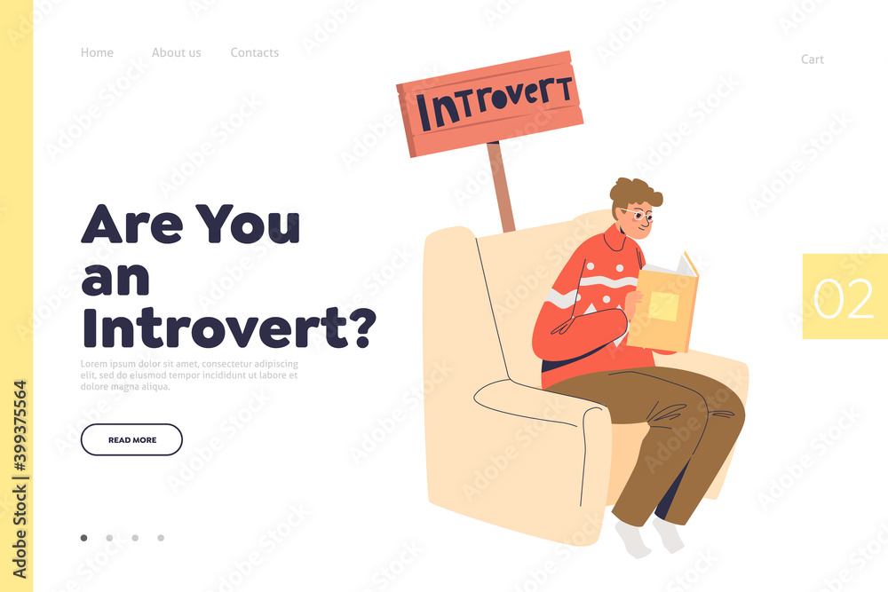 Are you introvert landing page concept with introvert boy sitting and reading book