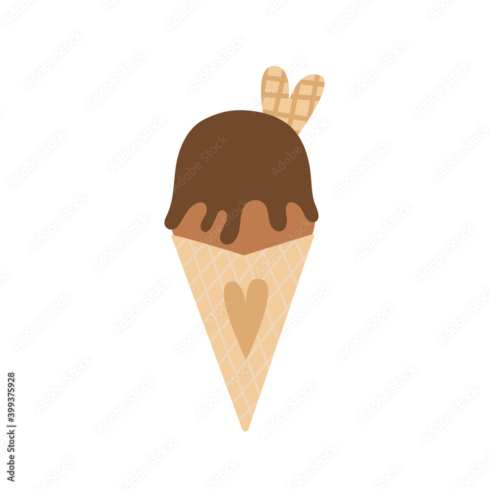 Vector chocolate ice cream cone with waffle heart and chocolate drips. Valentine's day vector illustration. Vector chocolate ice cream cone with waffle heart and chocolate drips. Valentine's day vector illustration.