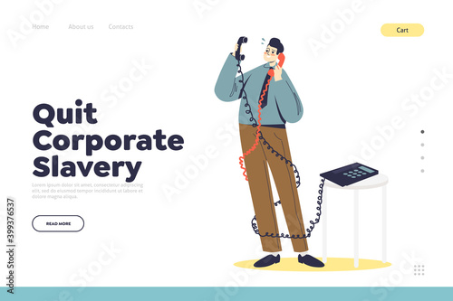 Quit corporate slavery concept of landing page with overworked businessman