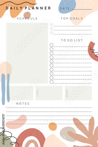 Vector daily planner template with abstract shapes and doodles in neutral earthy tones.Organizer and schedule with place for goals,to do list,notes.Trendy cartoon style.Abstract modern design.