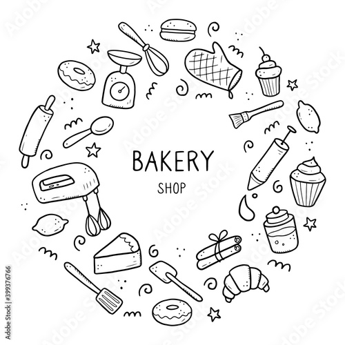 Hand drawn set of baking and cooking tools, mixer, cake, spoon, cupcake, scale. Doodle sketch style. Illustration for frame, banner, bakery site design.
