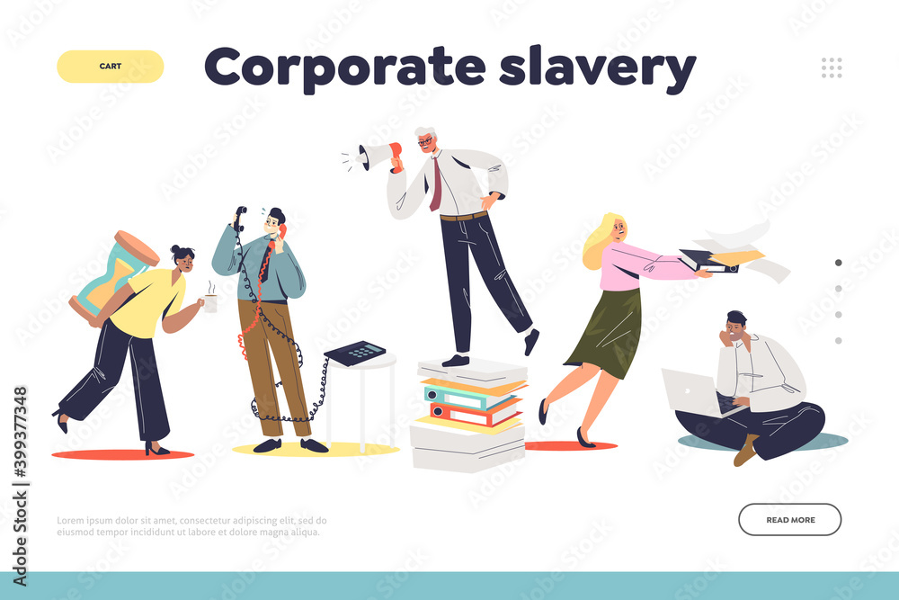 Corporate slavery concept of landing page with boss scolding overloaded office managers and clerks Corporate slavery concept of landing page with boss scolding overloaded office managers and clerks
