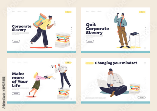 Corporate and office slavery concept of landing pages set with overworked office managers