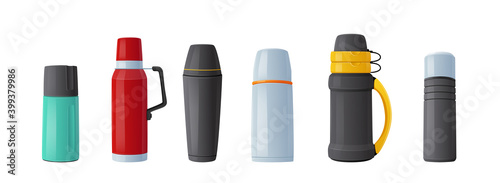 Set of Thermo Tumblers, Vacuum Flask, Mugs or Bottles for Coffee or Tea Drink Keep Hot. Metal Bottled Containers