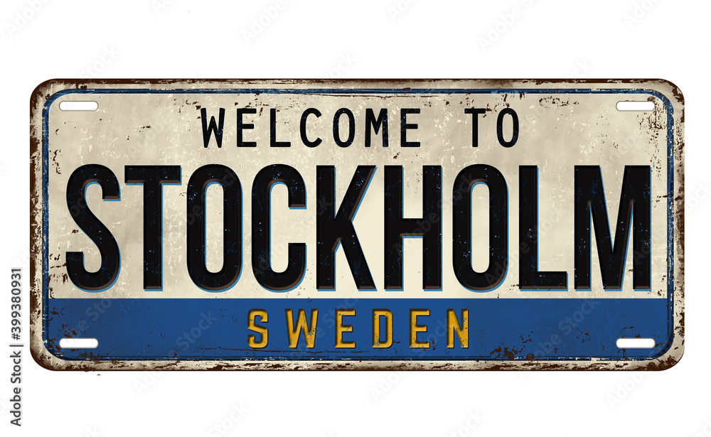 Welcome to Stockholm vintage rusty metal plate