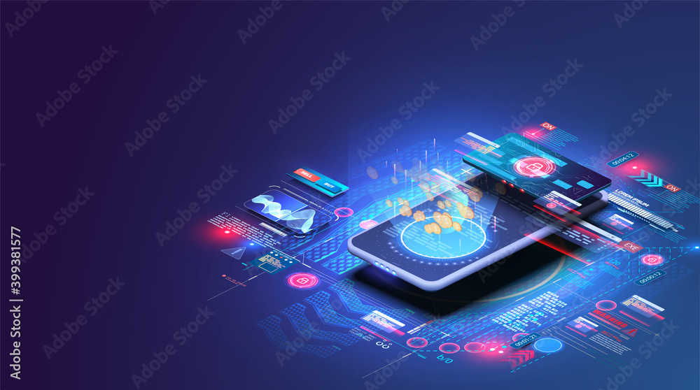 Online money transfer. Financial analytics, digital financial services. Sending and receiving money wirelessly, bank payment application landing page. Secure card payment. Vector illustration