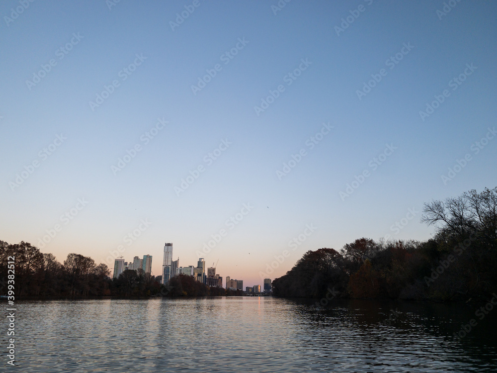 Lake Austin Skyline at Sunset View from LadyBird Lake looking East