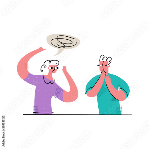 Vector flat illustration communication, gossip, friends. One whispers something in other s ear. Concept information exchange, misinformation, secrets, public news.