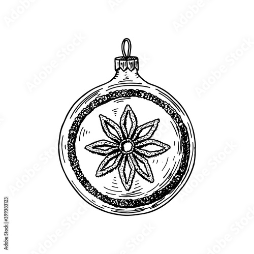 Hand drawn Christmas Ball. Christmas tree vintage toy. Vector illustration in sketch style.