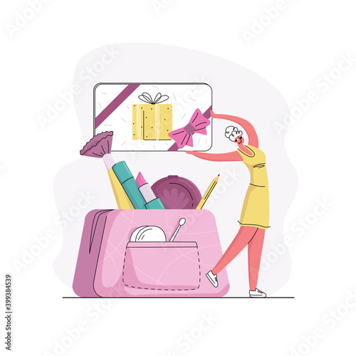 Vector flat illustration concept gift cards, sweepstakes, greetings, holidays, attracting customers from cosmetics companies. Woman is shown holding gift card. Enlarged cosmetic bag is in background.