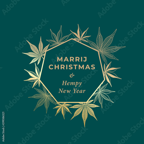 Christmas Popular Greetings Style Comic Parody Logo with Marijuana or Cannabis Leaves and Hempy New Year Lettering - Gold Septagon on Turquoise Background - Hand Drawn Design