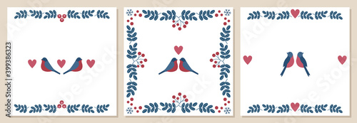 Set of cards for Valentine's Day. Bullfinches, bunches of mountain ash, snowflakes, hearts.
