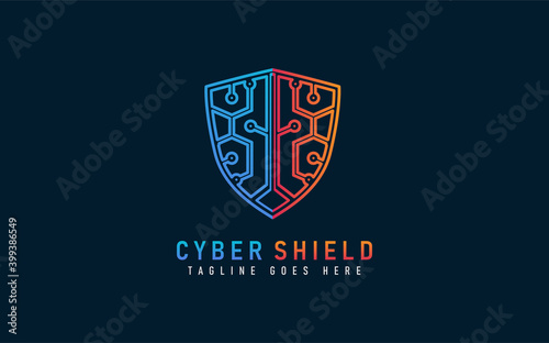 Cyber Shield Logo Design. Abstract Blue and Orange Shield Combination with Tech Style. Usable For Business, Community, Industrial, Security, Tech, Services Company. Vector Logo Design Illustration.