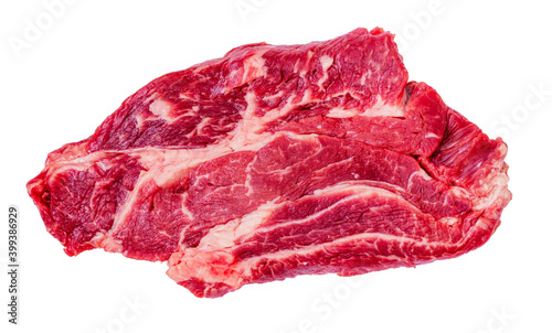 Fresh meat, raw marbled beef steak on a white background, top view.