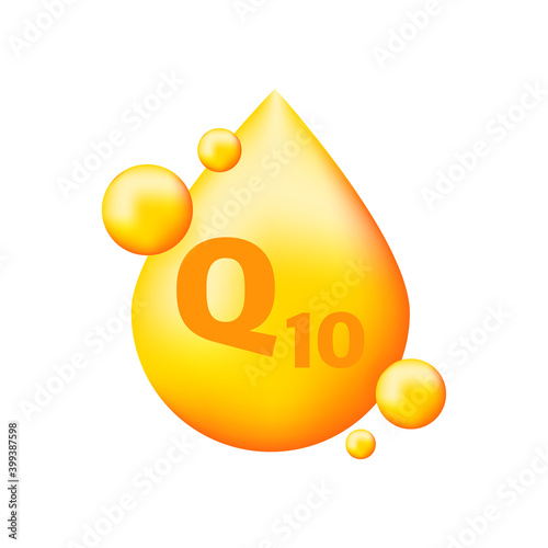 Vitamin complex Q10 with realistic drop on gray background. Particles of vitamins in the middle. Vector illustration.