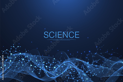 Molecular abstract structure and genetic engineering, healthcare and medicine background. Scientific research background. Wave flow, innovation pattern. Vector illustration.