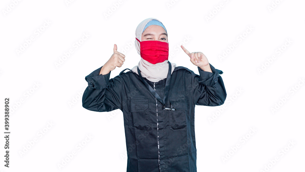 Photo of attractive muslim lady keep social distance ignoring people contacting use respirator direct fingers safe face wear protect reusable mask isolated white color background