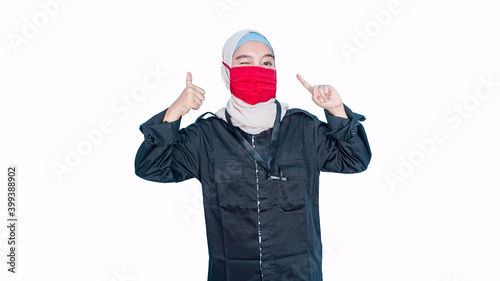 Photo of attractive muslim lady keep social distance ignoring people contacting use respirator direct fingers safe face wear protect reusable mask isolated white color background