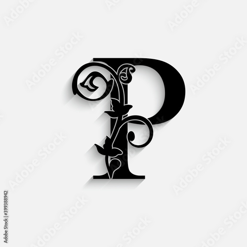 letter P. Vintage black flower ornament initial letters.  Alphabet. Logo vector 
