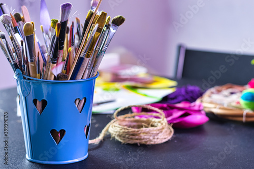 handicraft instruments on dark table