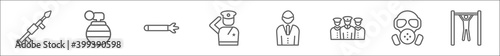 outline set of army line icons. linear vector icons such as grenade launcher, grenade, torpedo, salute, civilian, brigade, gas mask, pull up