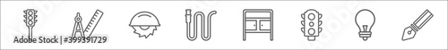 outline set of tools and utensils line icons. linear vector icons such as semaphore traffic lights, compass and ruler for mathematics, power saw, hosepipe tool to extinguish fire or gardening, house