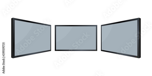 Flat monitor wall. Perspective vector. Vector icon. Media technology. Blank screen isolated. Black frame. photo