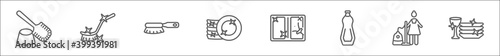 outline set of cleaning line icons. linear vector icons such as toilet brush cleanin, brush cleanin, wiping brush, dish, window cleanin, cream cleaner, clean dishes