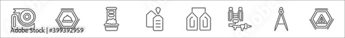 outline set of miscellaneous line icons. linear vector icons such as adhesive tape, product, washboard, army dog tag, granary, flame thrower, school compass, rune