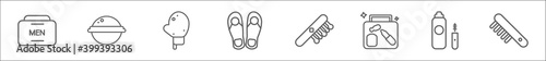 outline set of beauty line icons. linear vector icons such as men cream, bath salts bomb, exfoliating mitt, two flip flops, hairbrush, makeup set, aplicator bottle, women comb