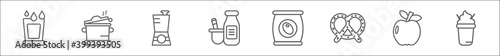 outline set of food line icons. linear vector icons such as drink water, stew, blend, dairy, pack, pretzel, apple leaf, milk shake