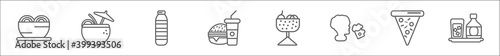 outline set of food line icons. linear vector icons such as chow mein, drink in a coconut, plastic water bottle, hamburger and drink, mexican, drinking, triangular pizza slice, scotch
