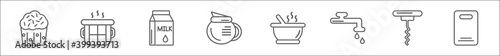 outline set of kitchen line icons. linear vector icons such as cupcake, cooking pot, milk, coffee pot, soup bowl, kitchen tap, corkscrew, chopping board