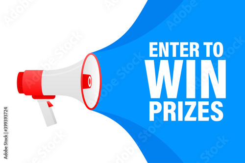 Enter to win prizes megaphone yellow banner in 3D style on white background. Vector illustration.