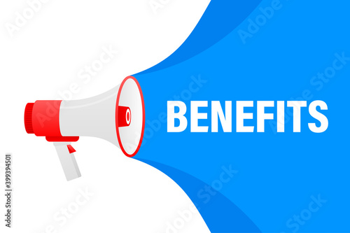 Benefits megaphone blue banner in 3D style on white background. Vector illustration.