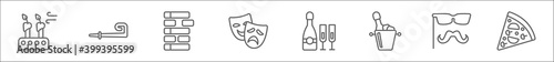 outline set of party line icons. linear vector icons such as blowing candle, wistle, jenga, theatre masks, bottle and two glasses, chapaigne bottle in bucket, mustache with glasses, pizza slice
