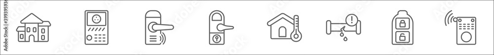 Obraz premium outline set of smart house line icons. linear vector icons such as cool, intercom, handle, locking, freeze, leak, smart key, remote
