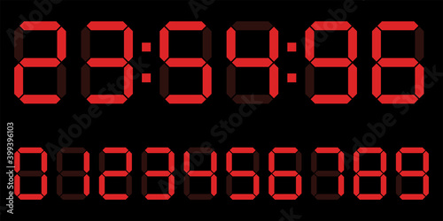 red digital clock number set. Electronic Counter, calculator number. Vector illustration.