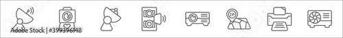 outline set of technology line icons. linear vector icons such as dish, camera and heart picture, parabolic, music player big speaker, cinema projector, ip address point locator, printer tool, air