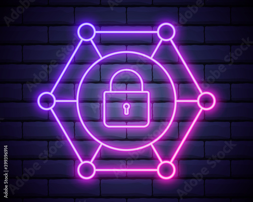 Glowing neon VPN Network connection icon isolated on brick wall background. Social technology. Vector Illustration
