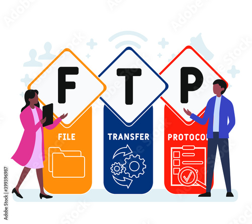 Flat design with people. FTP - File Transfer Protocol  acronym, business concept background.   Vector illustration for website banner, marketing materials, business presentation, online advertising.