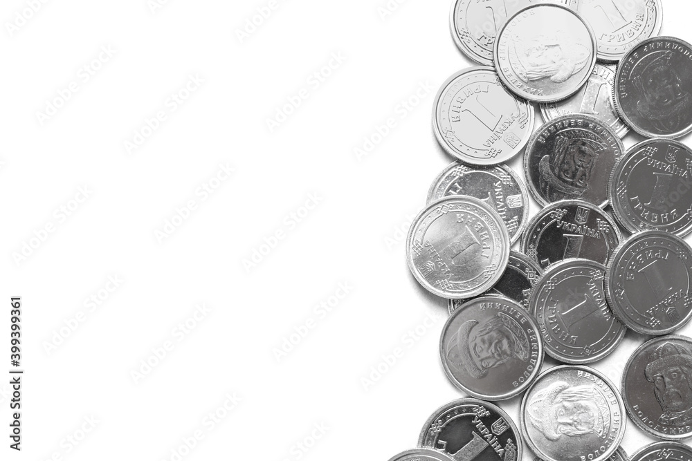 Many Ukrainian coins on white background, top view. National currency Many Ukrainian coins on white background, top view. National currency