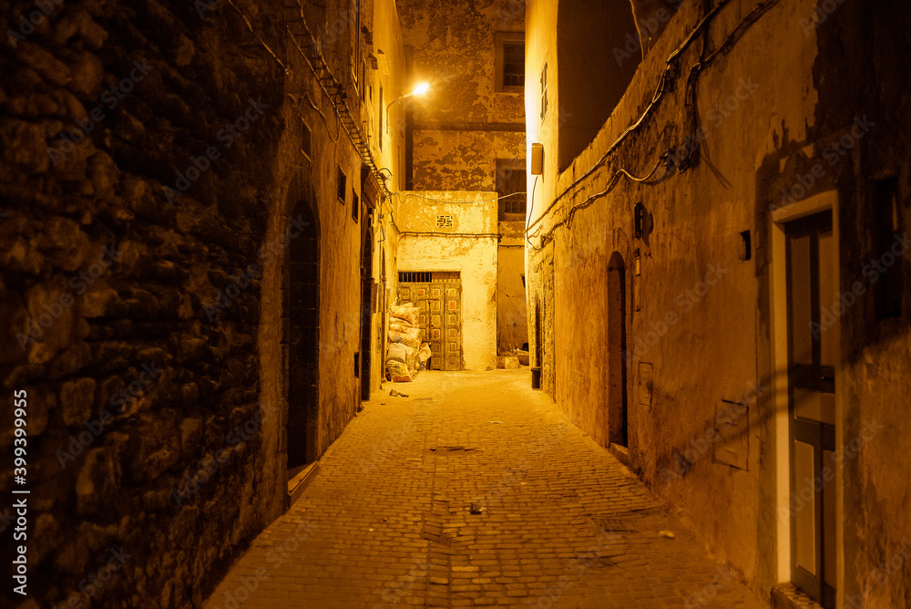 Essaouira, Morroco, Africa - April 29, 2019: Night in Essaouita's alleys