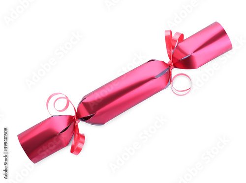 Fényképezés Bright red Christmas cracker isolated on white, top view