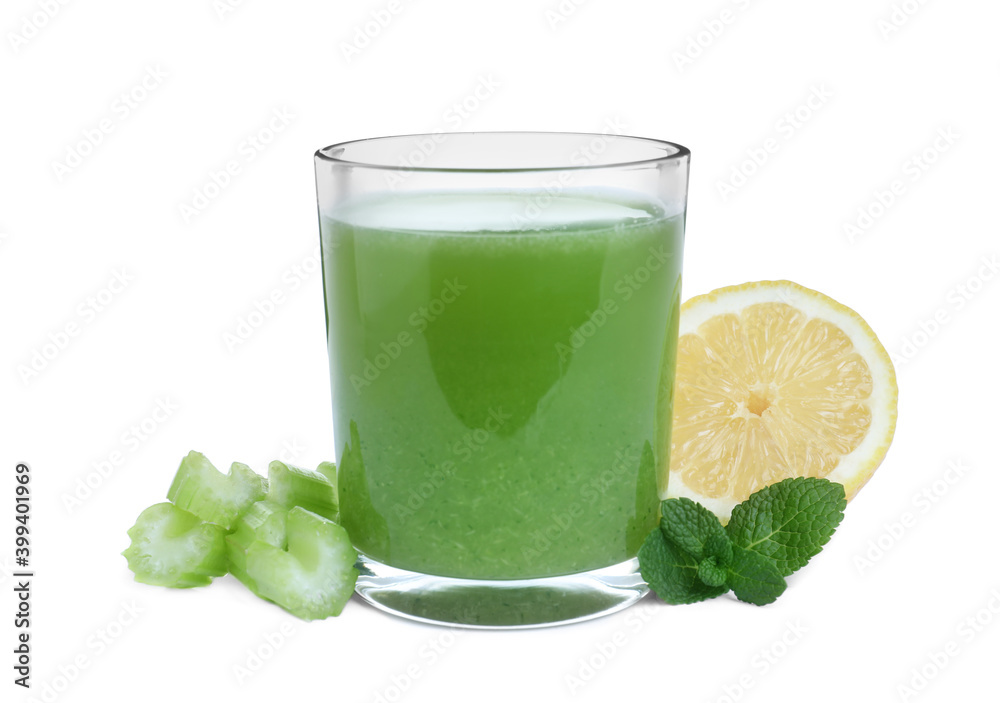 Fresh celery juice, mint and lemon on white background Fresh celery juice, mint and lemon on white background