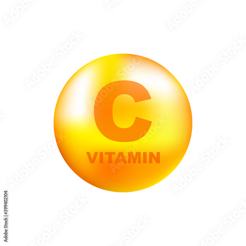 Vitamin C with realistic drop on gray background. Particles of vitamins in the middle. Vector illustration.