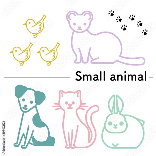 小鳥とフェレットと犬と猫とウサギのシンプルなイラスト