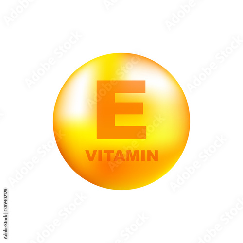 Vitamin E with realistic drop on gray background. Particles of vitamins in the middle. Vector illustration.