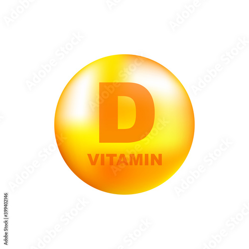 Vitamin D with realistic drop on gray background. Particles of vitamins in the middle. Vector illustration.